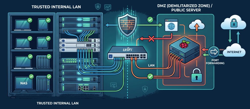 Netzdiagramm: links das vertrauenswürdige interne LAN mit Rechnern und NAS, rechts ein Raspberry Pi in der DMZ, über Port-Weiterleitung aus dem Internet erreichbar; die Firewall sperrt den Rückweg ins LAN