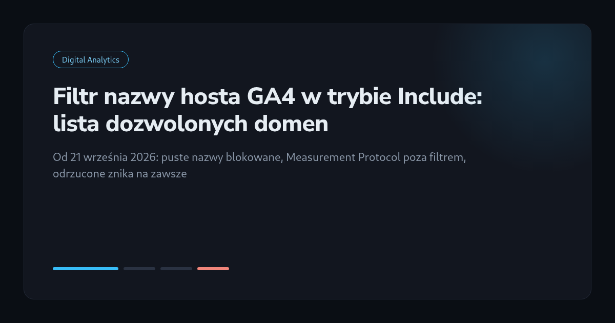 Filtr nazwy hosta GA4 w trybie Include: lista dozwolonych, puste nazwy blokowane, Measurement Protocol poza filtrem