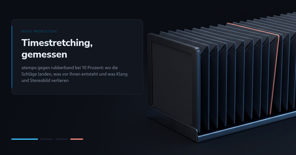 Timestretching um 10 Prozent mit atempo und rubberband: Timing, Transienten, Klang und Stereobild gemessen