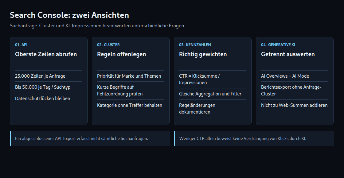 Vier Prüfschritte: API-Grenzen, Suchanfrage-Klassifikation, gewichtete Kennzahlen und ein getrennter generativer KI-Bericht