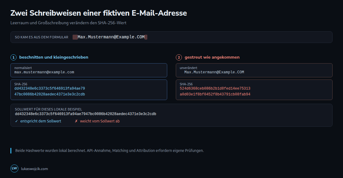 Zwei berechnete SHA-256-Werte im Vergleich mit einem fiktiven Sollwert. Kein Matching-Ergebnis von Meta.