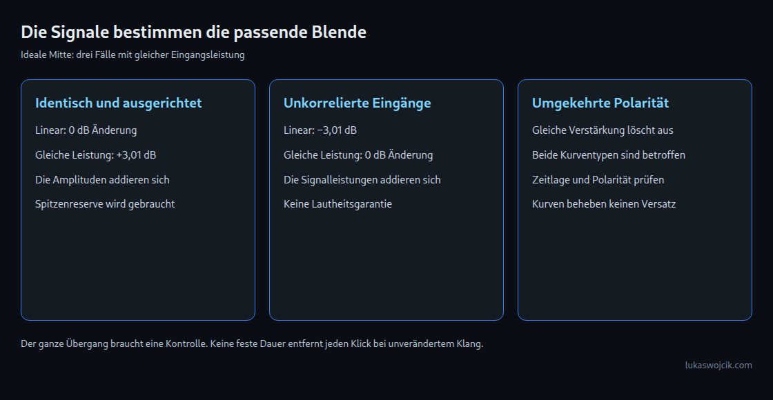 Drei Fälle in der Mitte einer Überblendung: ausgerichtet, unkorreliert und umgekehrte Polarität.