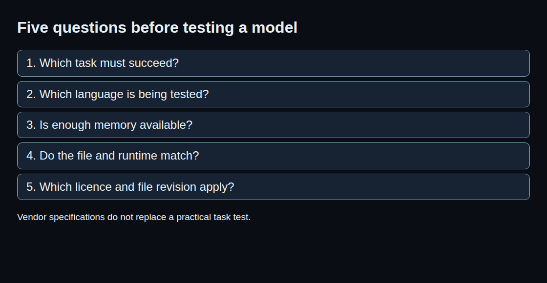 Which task must succeed?; Which language is being tested?; Is enough memory available?; Do the file and runtime match?; Which licence and file revision apply?