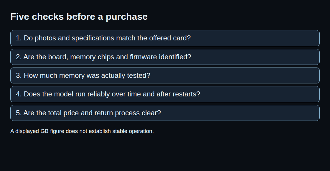 Five checks before a purchase: Do photos and specifications match the offered card?; Are the board, memory chips and firmware identified?; How much memory was actually tested?; Does the model run reliably over time and after restarts?; Are the total price and return process clear?