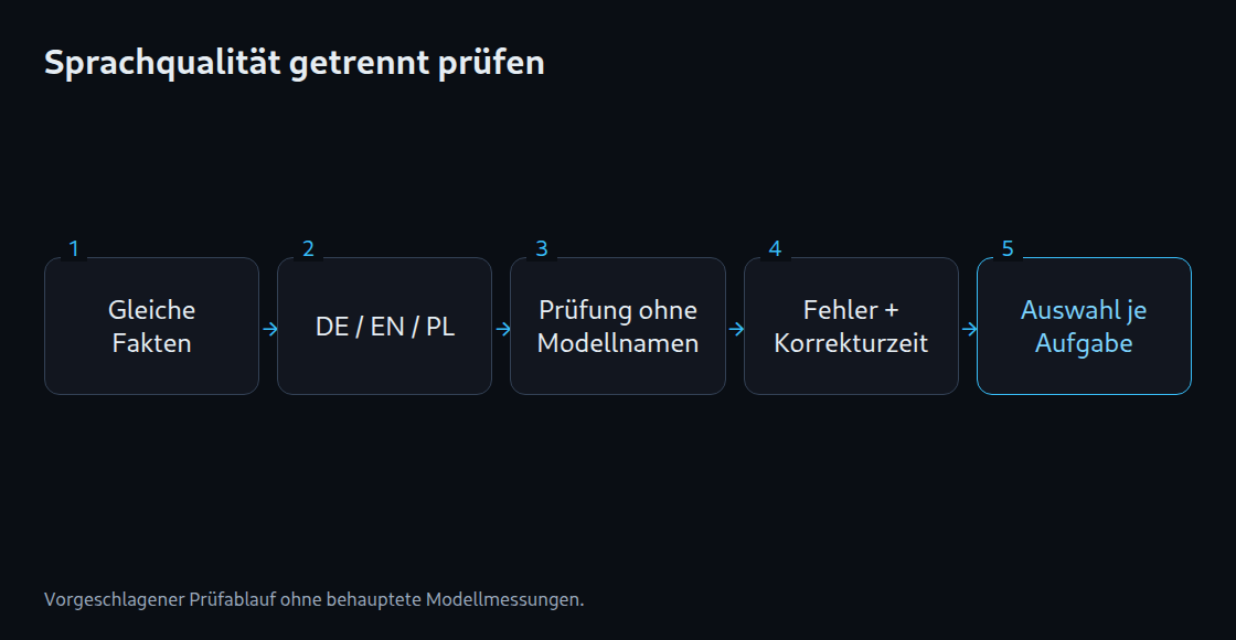 Gleiche Fakten in drei Sprachen, Prüfung ohne Modellnamen, Fehler und Korrekturzeit, Auswahl je Aufgabe.