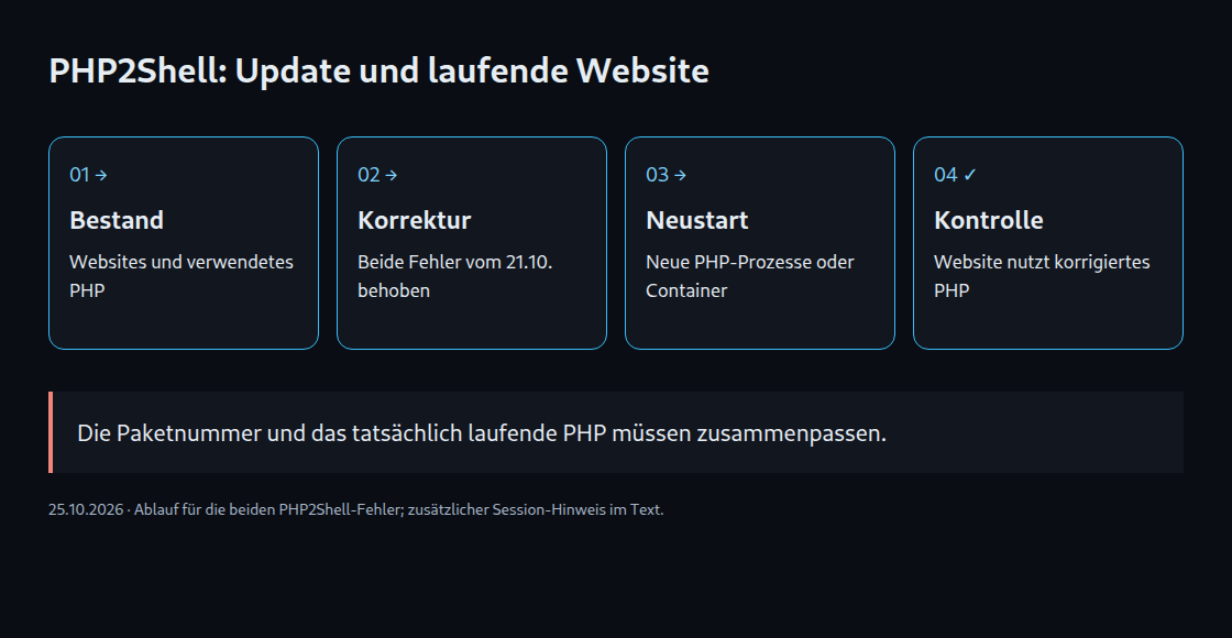 Vier Prüfschritte: Bestand erfassen, beide Lücken patchen, laufende Prozesse erneuern und den Webbetrieb prüfen