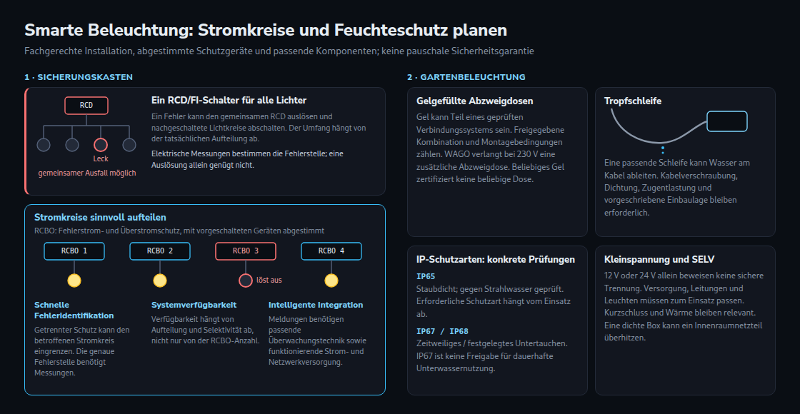 Getrennte Stromkreise können Ausfälle bei abgestimmtem Schutz begrenzen. Feuchteschutz benötigt geeignete vollständige Systeme; IP-Schutzarten und Kleinspannung haben konkrete Grenzen.