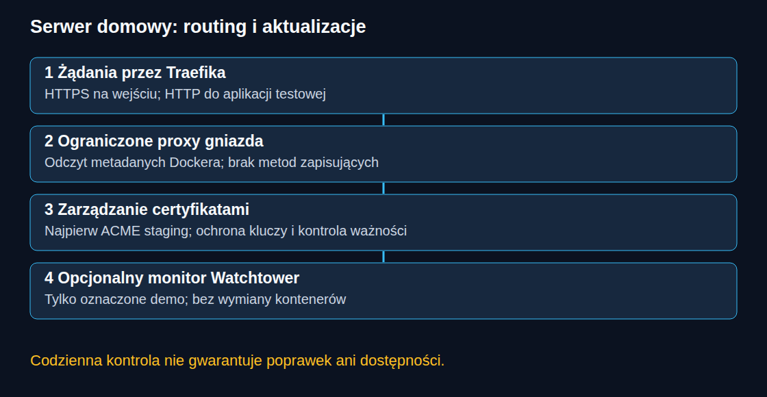 Traefik kieruje żądania HTTPS; ograniczone proxy gniazda dostarcza dane o usługach. Opcjonalny monitor Watchtower nie instaluje aktualizacji.
