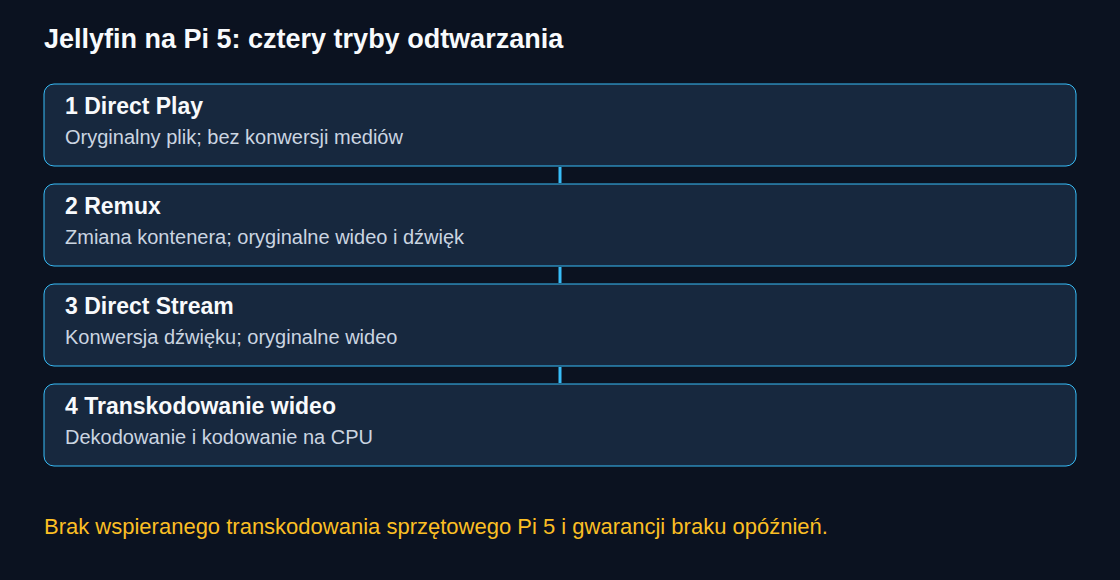 Direct Play, remux i konwersja dźwięku pozostawiają wideo bez zmian. Transkodowanie wideo w tej konfiguracji Pi 5 korzysta z CPU; buforowanie nadal jest możliwe.