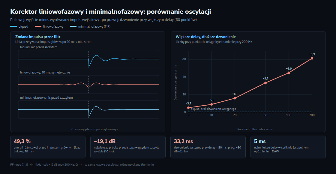 Sygnał różnicowy wokół wyrównanego impulsu głównego: biquad i minimalnofazowy FIR oscylują po impulsie, liniowofazowy FIR przed i po. Po prawej dzwonienie wstępne rośnie z 4,78 do 61,22 ms przy delay od 5 do 200 ms. Osiągnięte tłumienie wynosi od −3,27 do −9,86 dB.