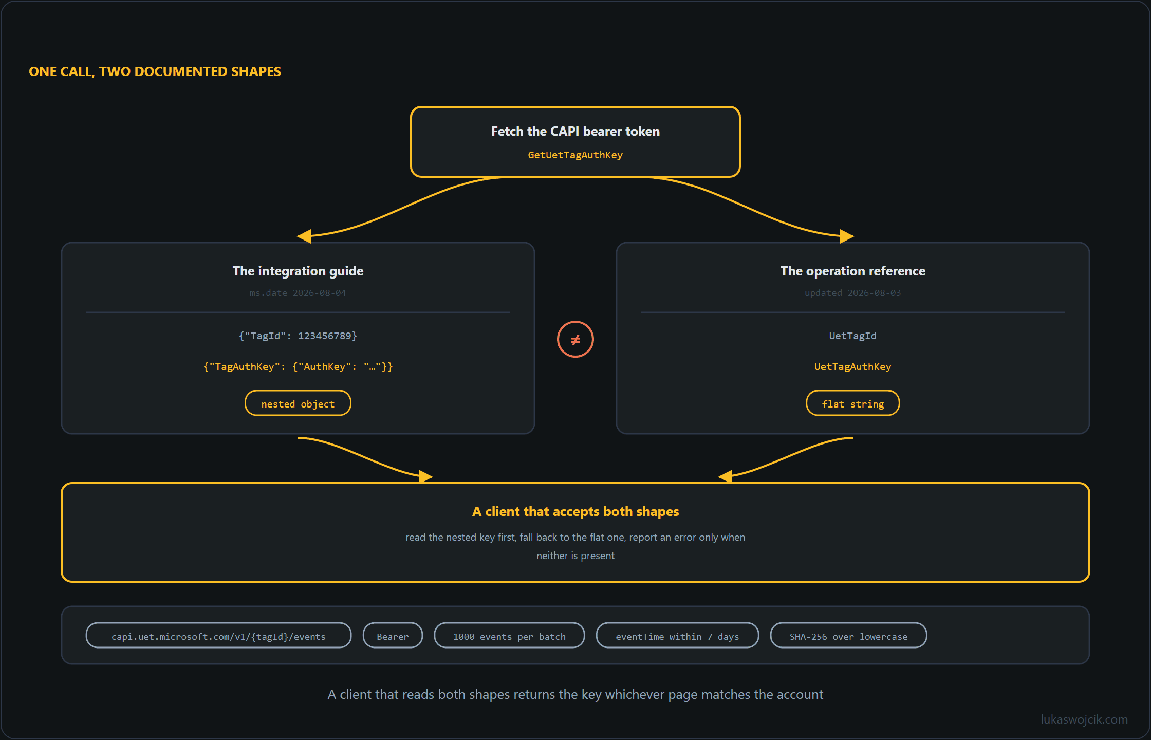 One authentication call branching into two documented response shapes, a nested object from the guide and a flat string from the reference, both feeding a client that tolerates either