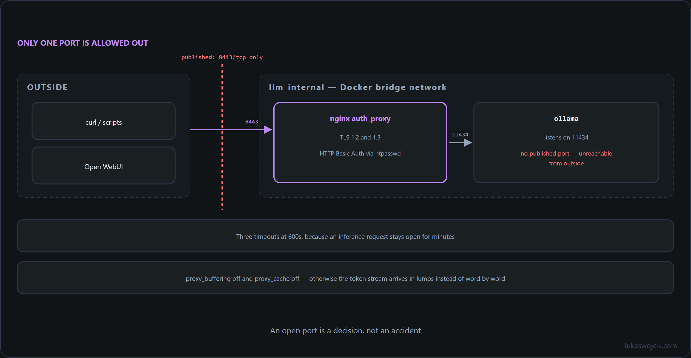 Perimeter diagram: only port 8443 of the nginx auth proxy is published, while the Ollama backend on 11434 stays inside the Docker bridge network