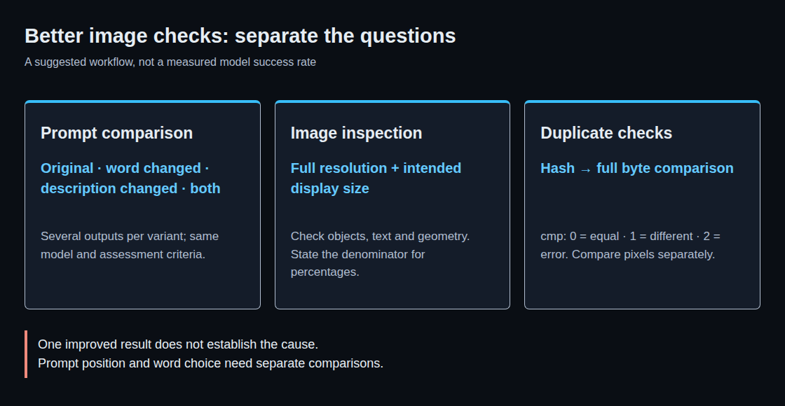 Three distinct checks: prompt variants, visual inspection and file comparison