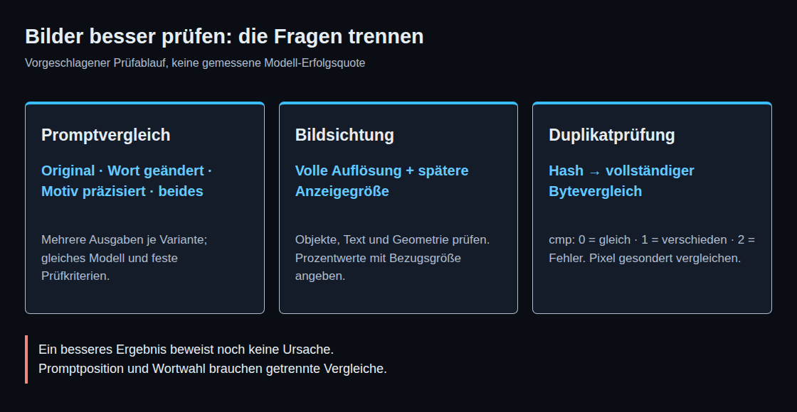 Drei getrennte Prüfungen: Promptvarianten, Bildsichtung und Dateivergleich