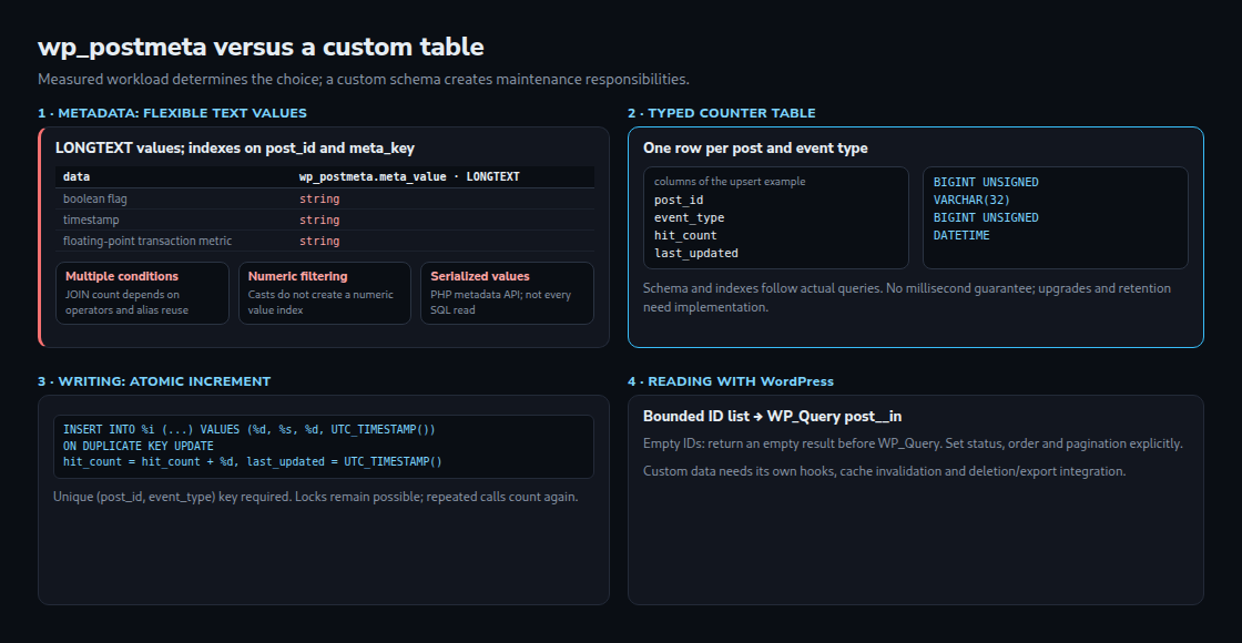 Metadata or a custom table: measured query costs, typed counters, atomic increments and bounded WordPress integration.