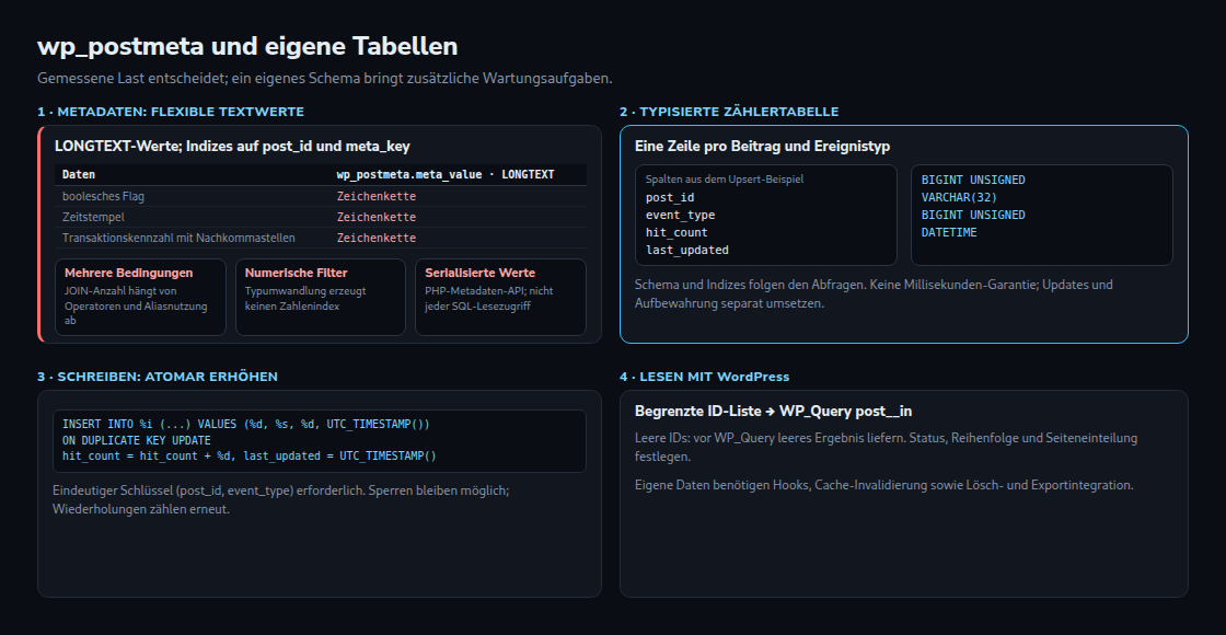 Metadaten oder eigene Tabelle: gemessene Abfragekosten, typisierte Zähler, atomare Erhöhung und begrenzte WordPress-Integration.
