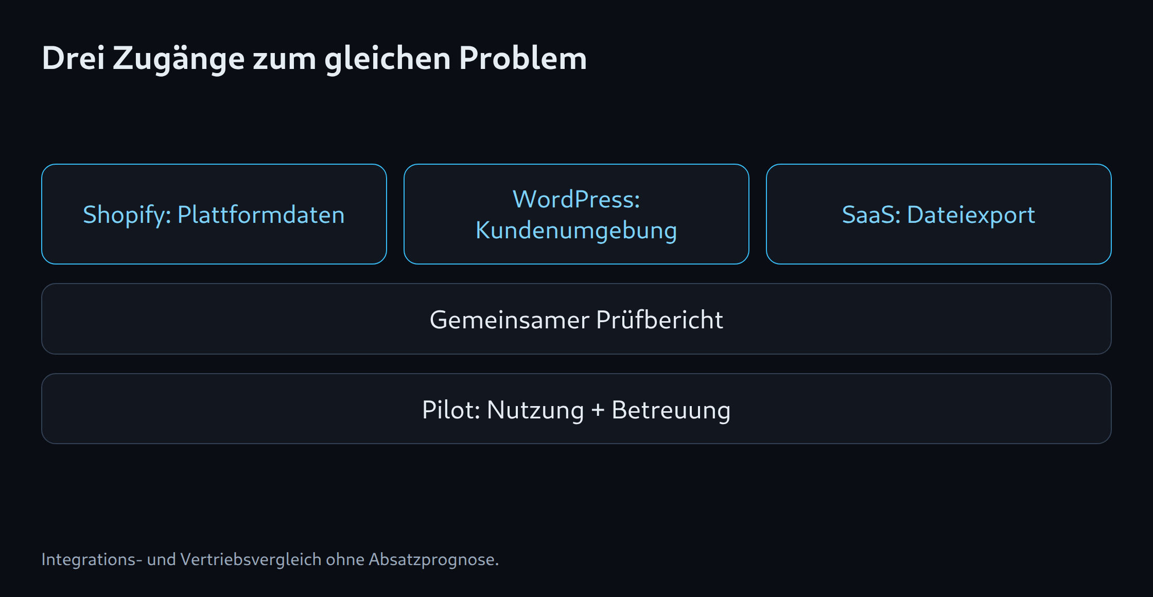 Drei Zugänge zum gleichen Problem: Shopify: Plattformdaten; WordPress: Kundenumgebung; SaaS: Dateiexport; Gemeinsamer Prüfbericht; Pilot: Nutzung + Betreuung