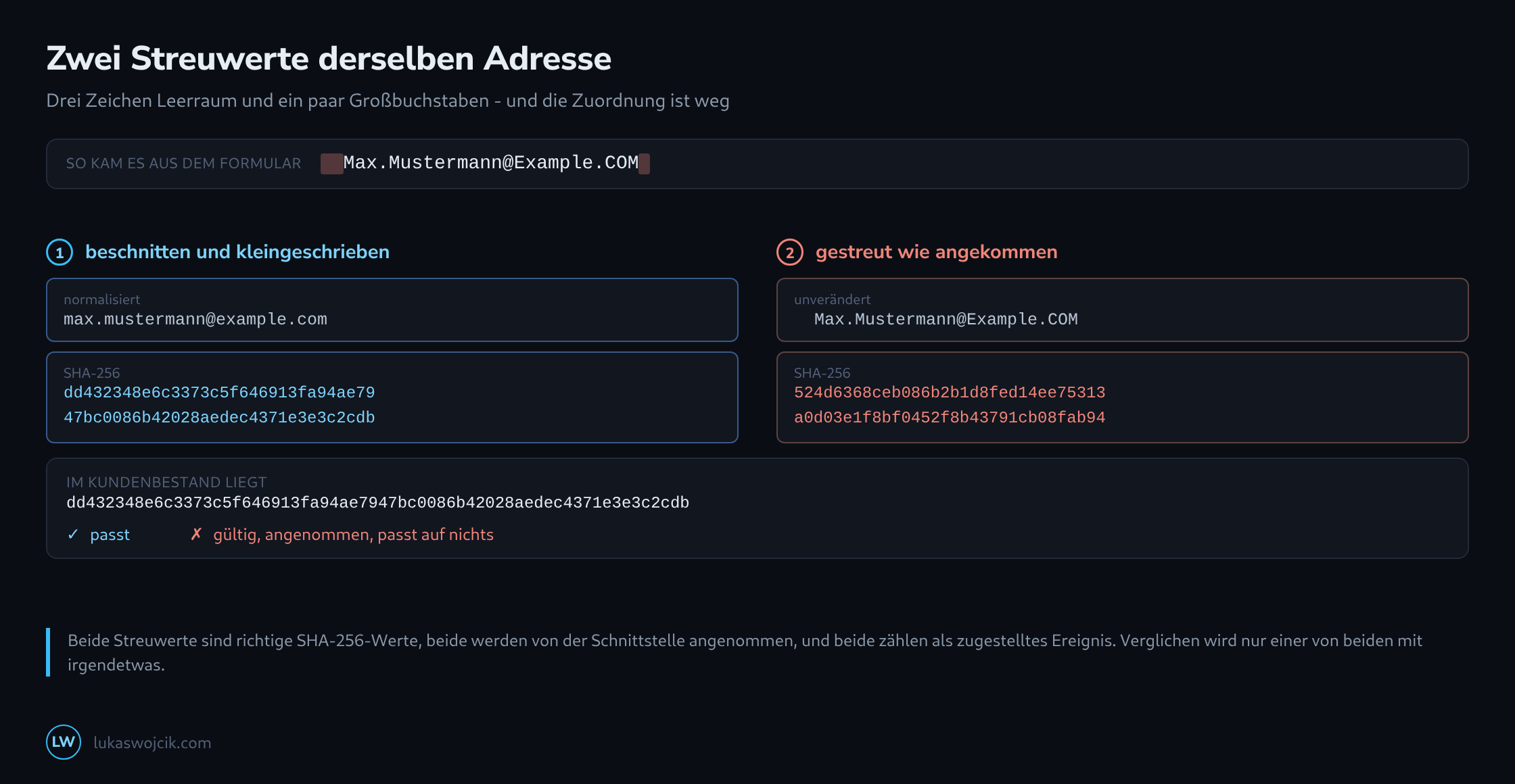 Dieselbe E-Mail-Adresse zweimal gestreut: einmal beschnitten und kleingeschrieben, einmal so wie aus dem Formular, mit zwei völlig verschiedenen SHA-256-Werten, von denen nur einer zum gespeicherten Eintrag passt