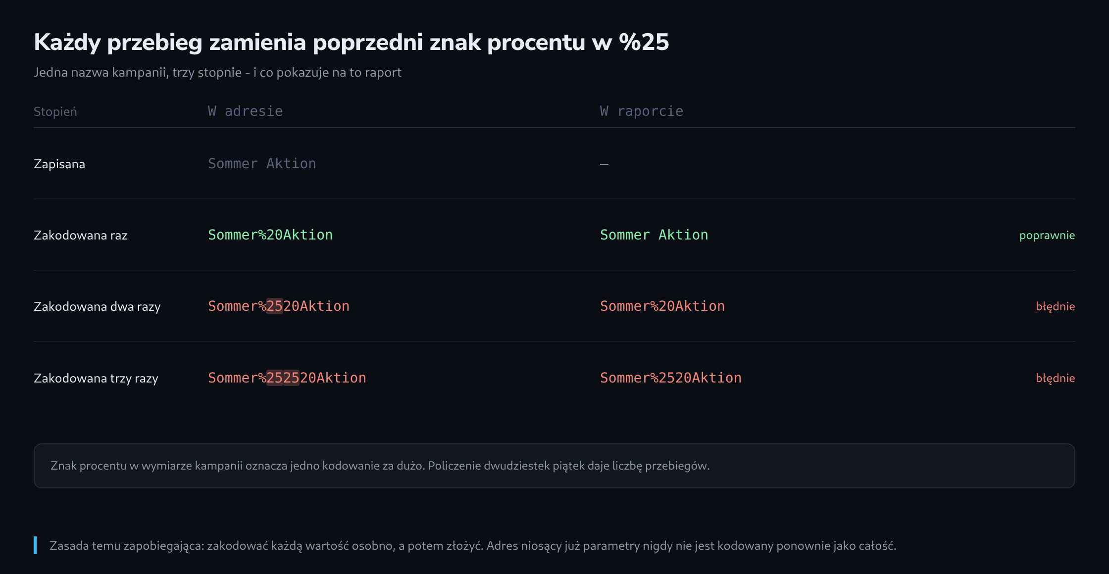 Jedna nazwa kampanii przez trzy stopnie kodowania, dla każdego obok siebie wartość w adresie i wartość w raporcie