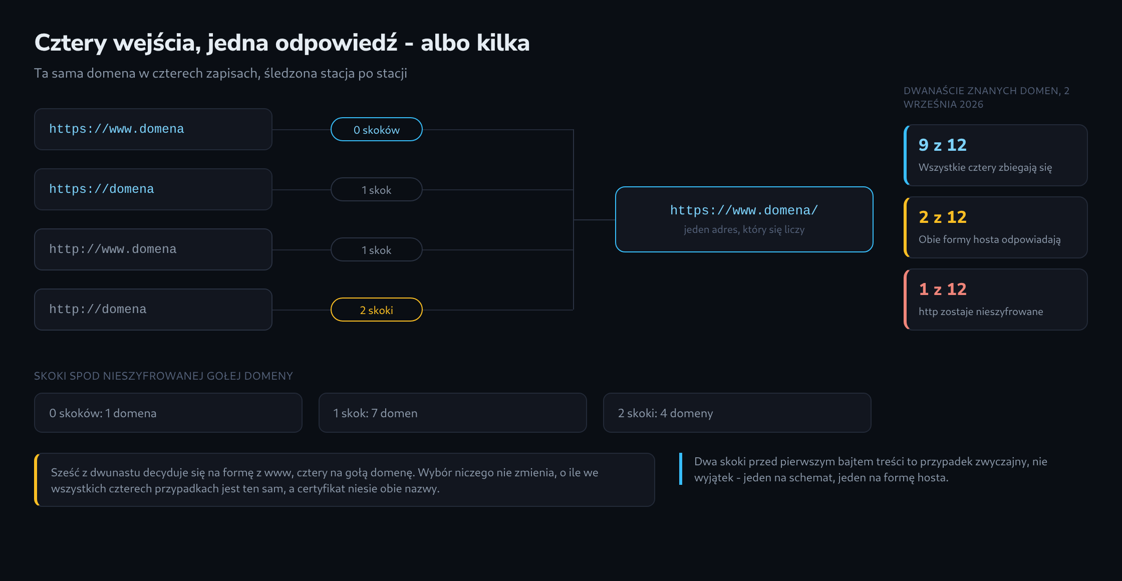 Cztery wejścia jednej domeny, każde z liczbą skoków, zbiegające się pod jednym adresem
