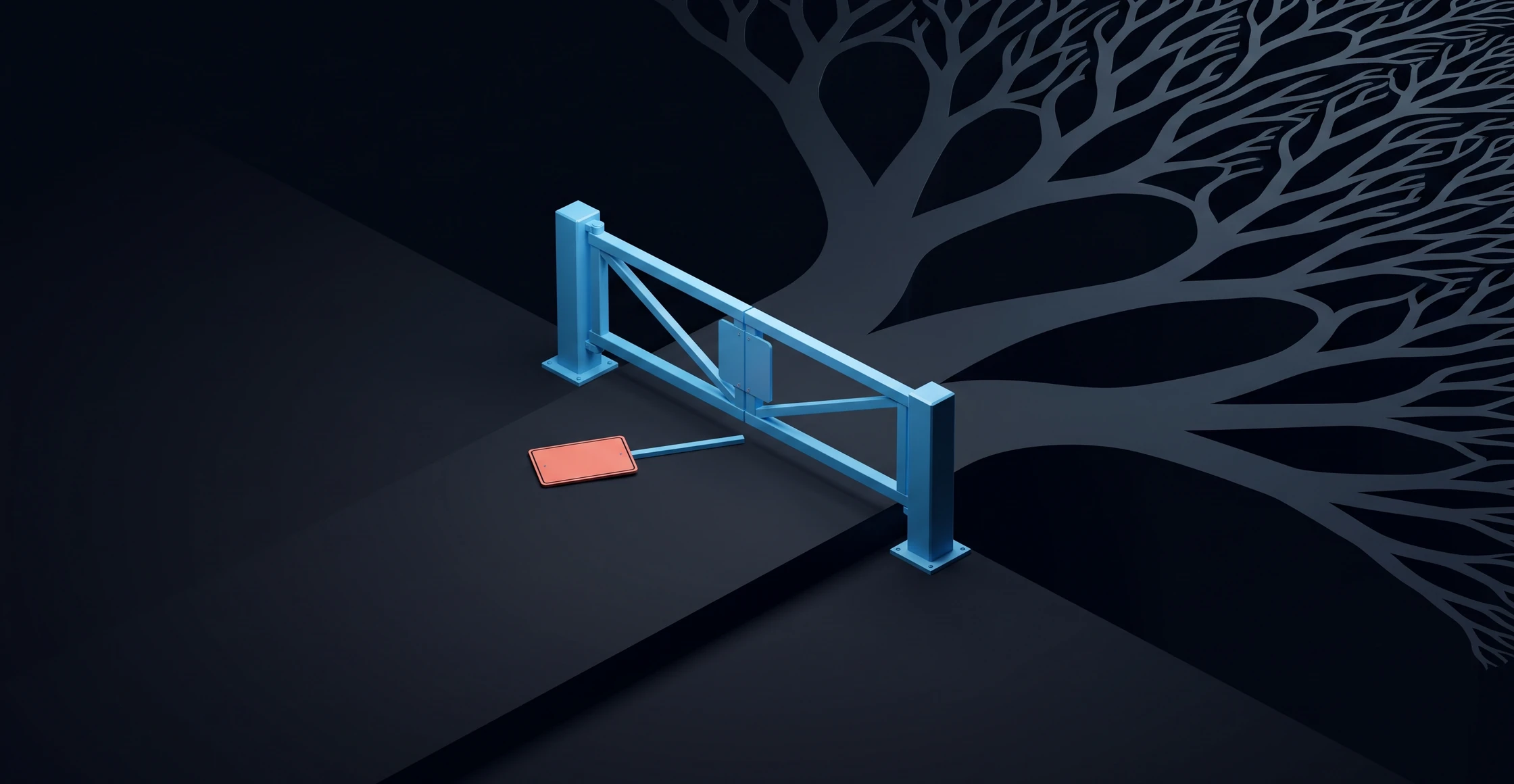 A closed barrier with its sign lying face down on the ground, and behind it a path branching endlessly