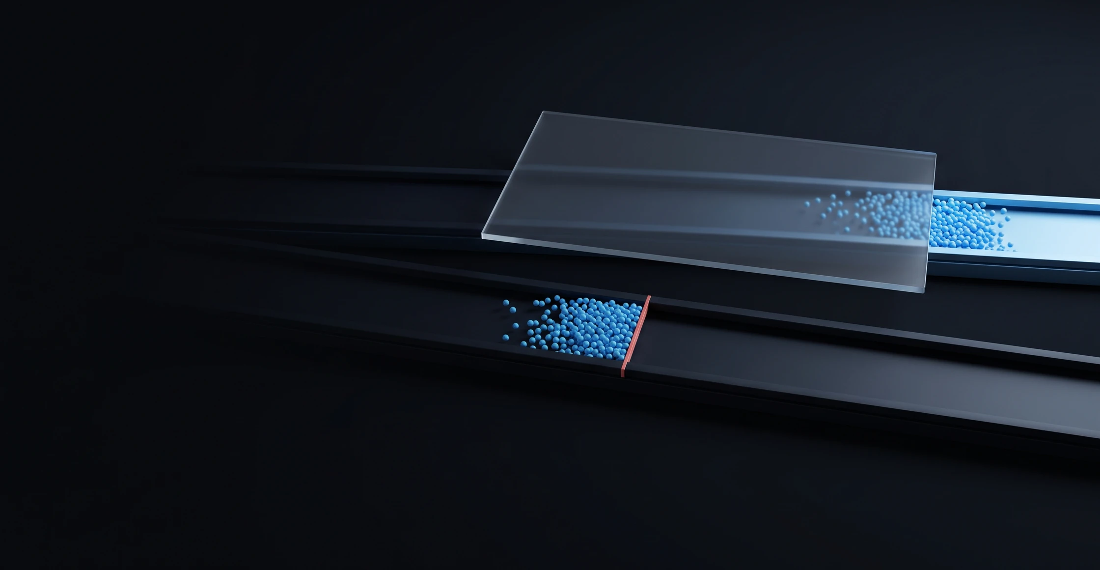 Two tracks: on the upper one the particles have already moved on, on the lower one they are held back
