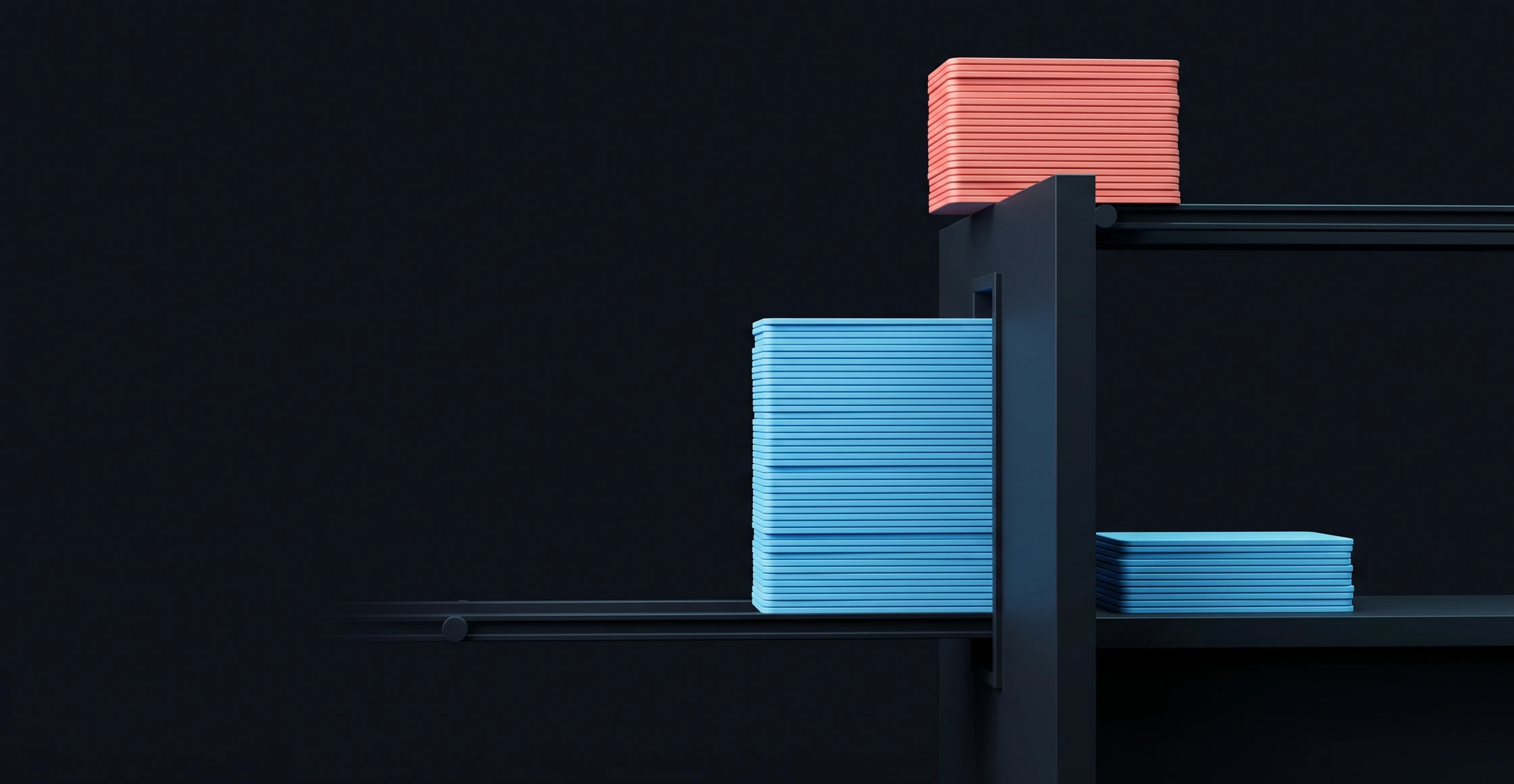 A tall stack of plates beside a frame and, past it, the same plates as a much shorter stack; a coral stack passes above the frame at full height