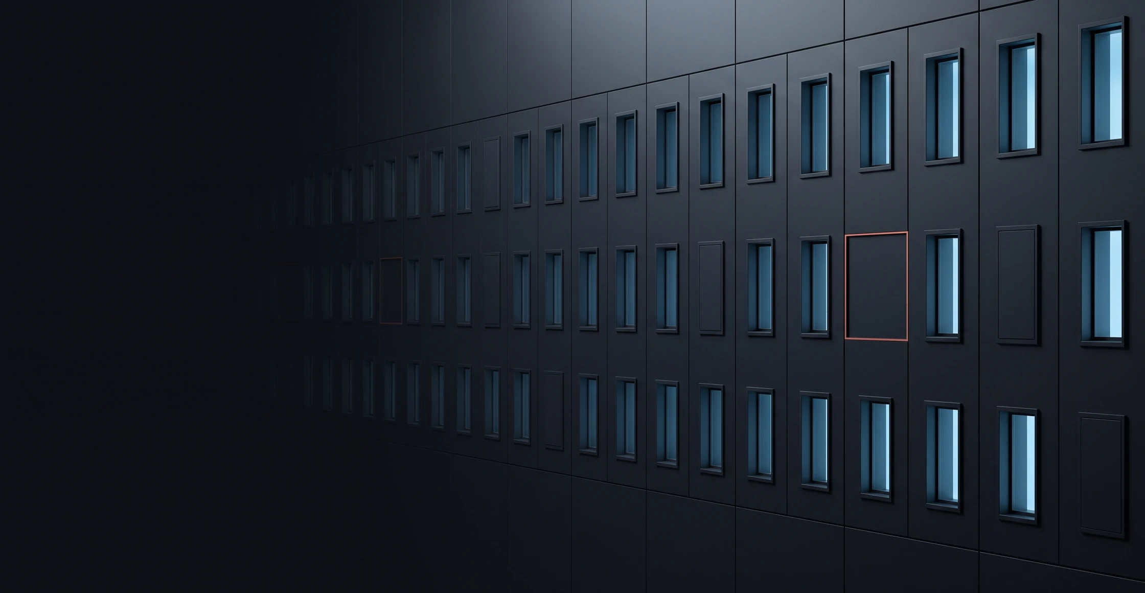 A long wall of many small lit openings, with a single one filled in and only outlined