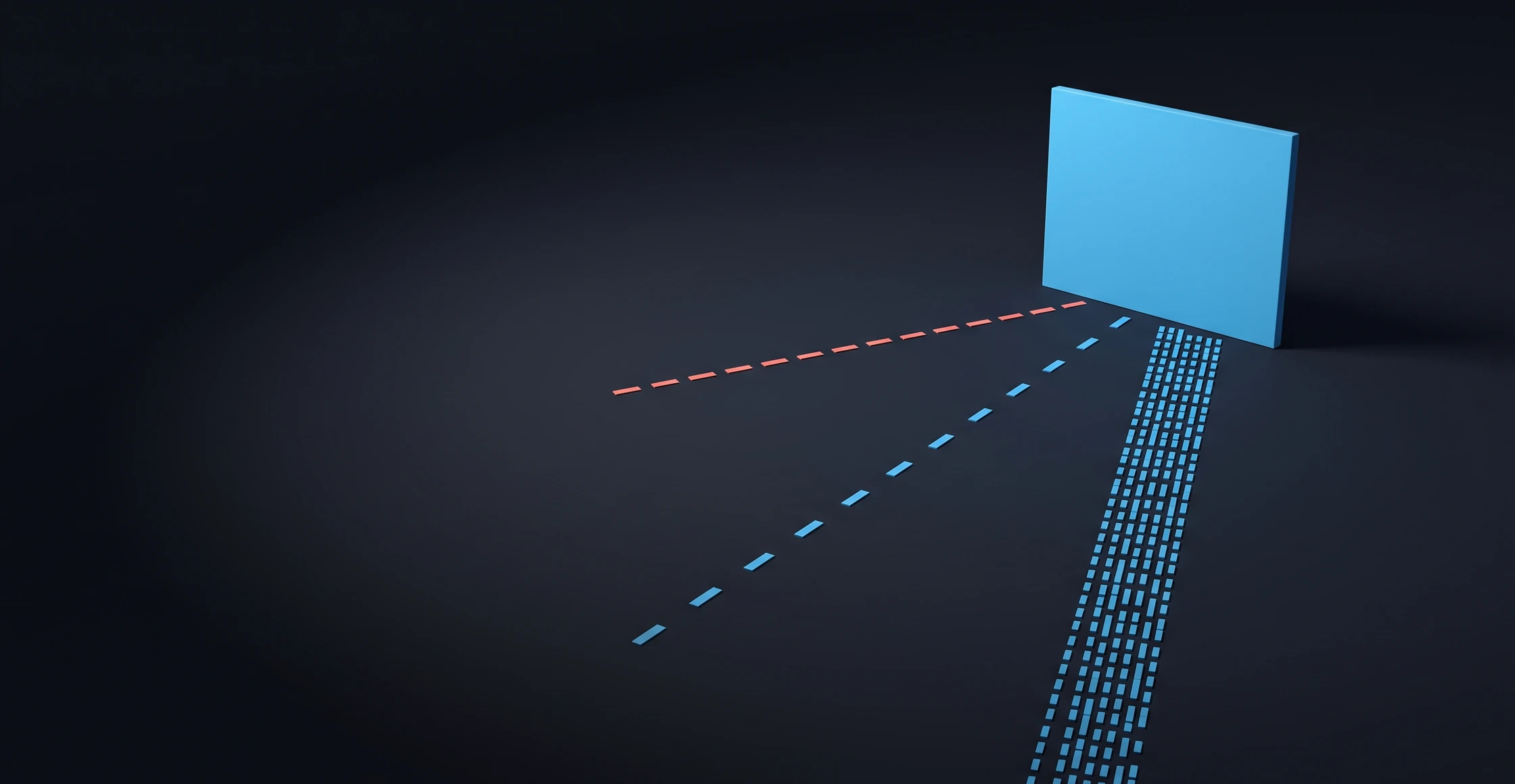 One panel approached by dashed tracks: one dense, one sparse, and a third that stops short and never arrives