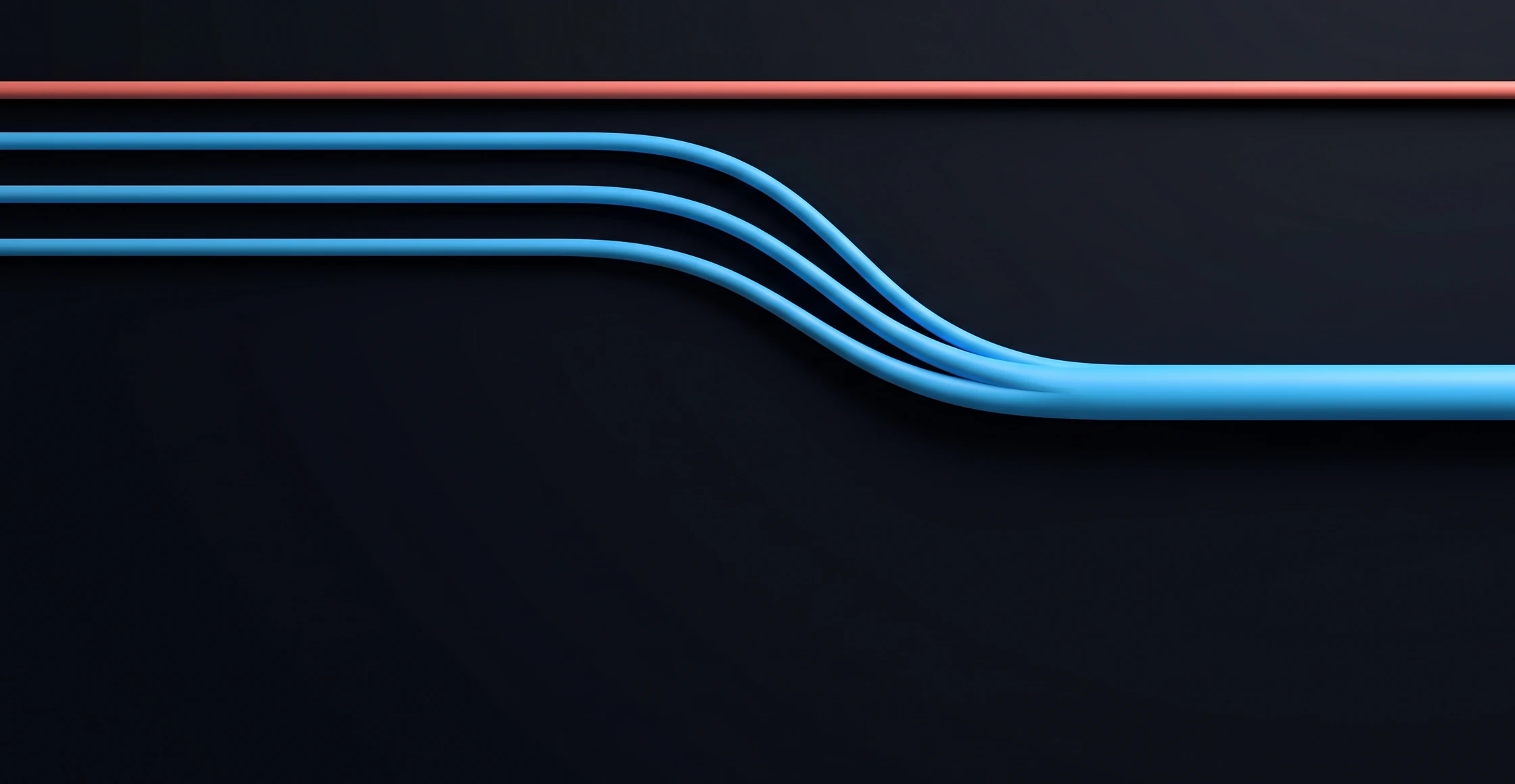 Several lines entering from the left; most curve together into one, while a single line runs on alone