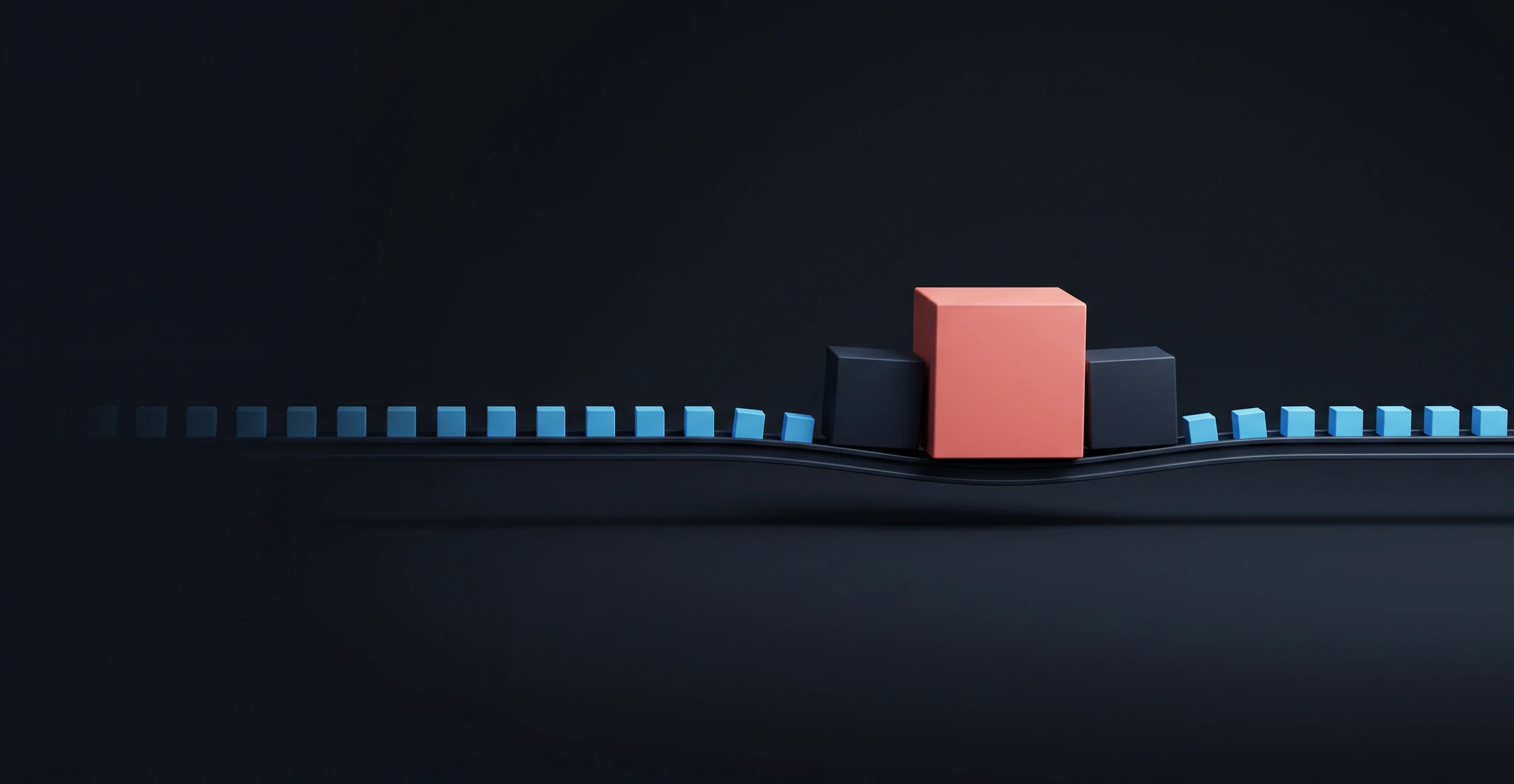 A long rail carrying many small identical blocks, with three far larger ones in the middle under which the rail visibly bends