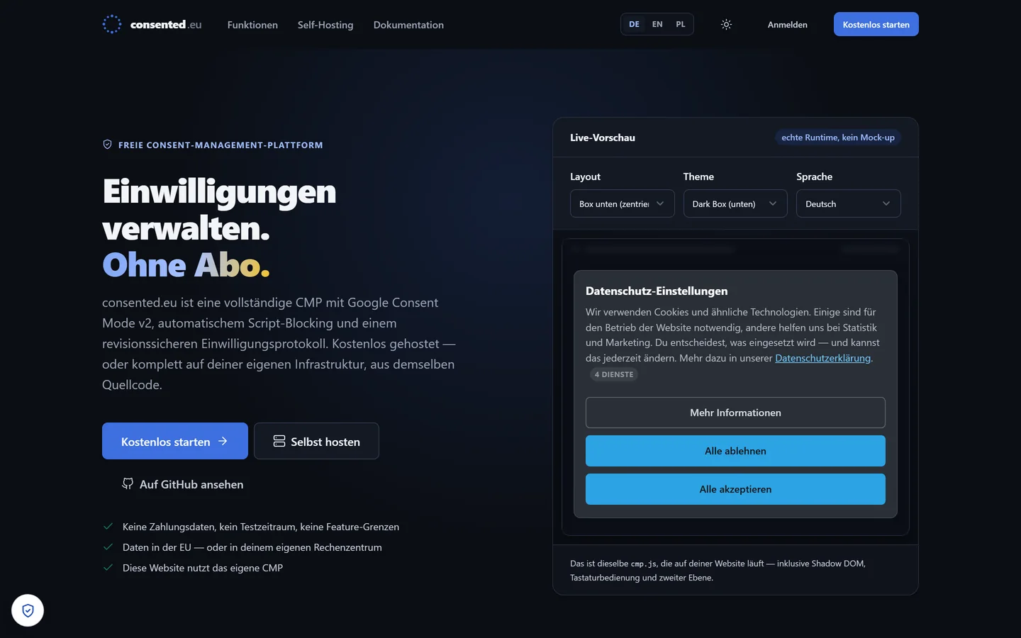 Start page of consented.eu with the live preview panel on the right, showing the consent dialog rendered by the real runtime