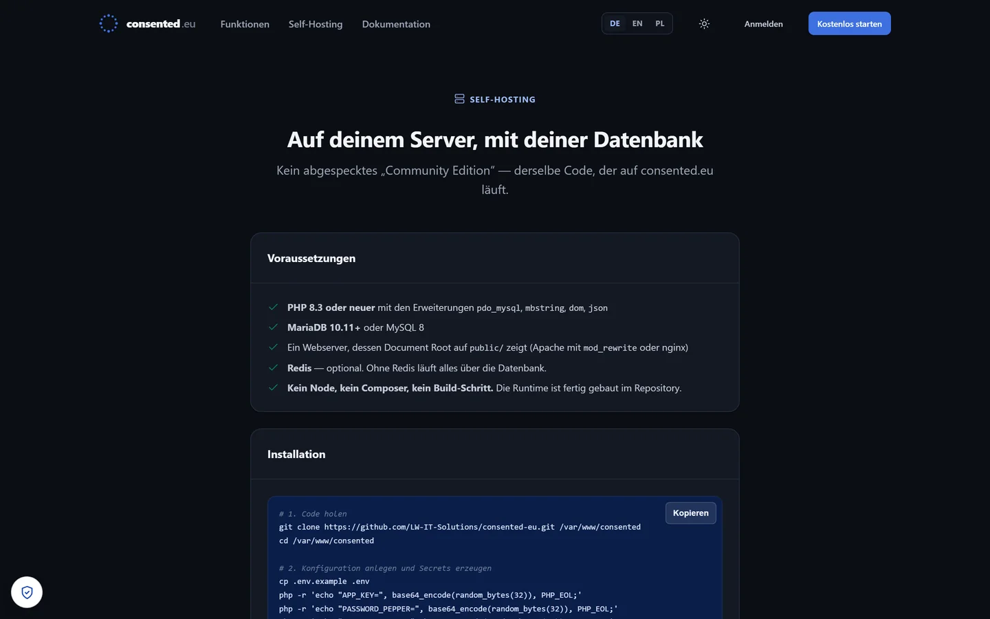 Self-hosting page of consented.eu explaining how to run the platform on your own infrastructure