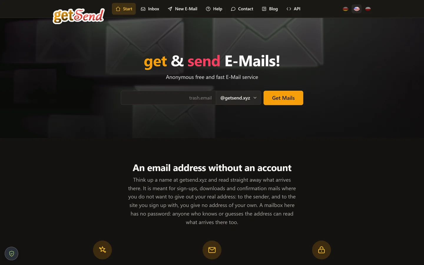 getSend start page with the address field, the getsend.xyz domain selector and the Get Mails button