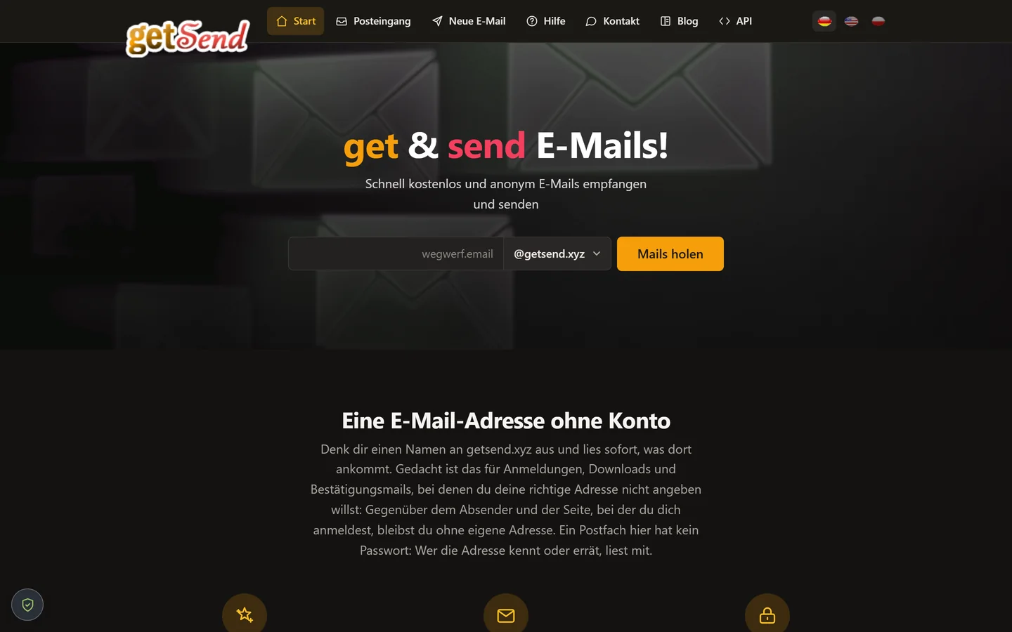 getSend start page in German, showing the same interface with translated navigation and copy