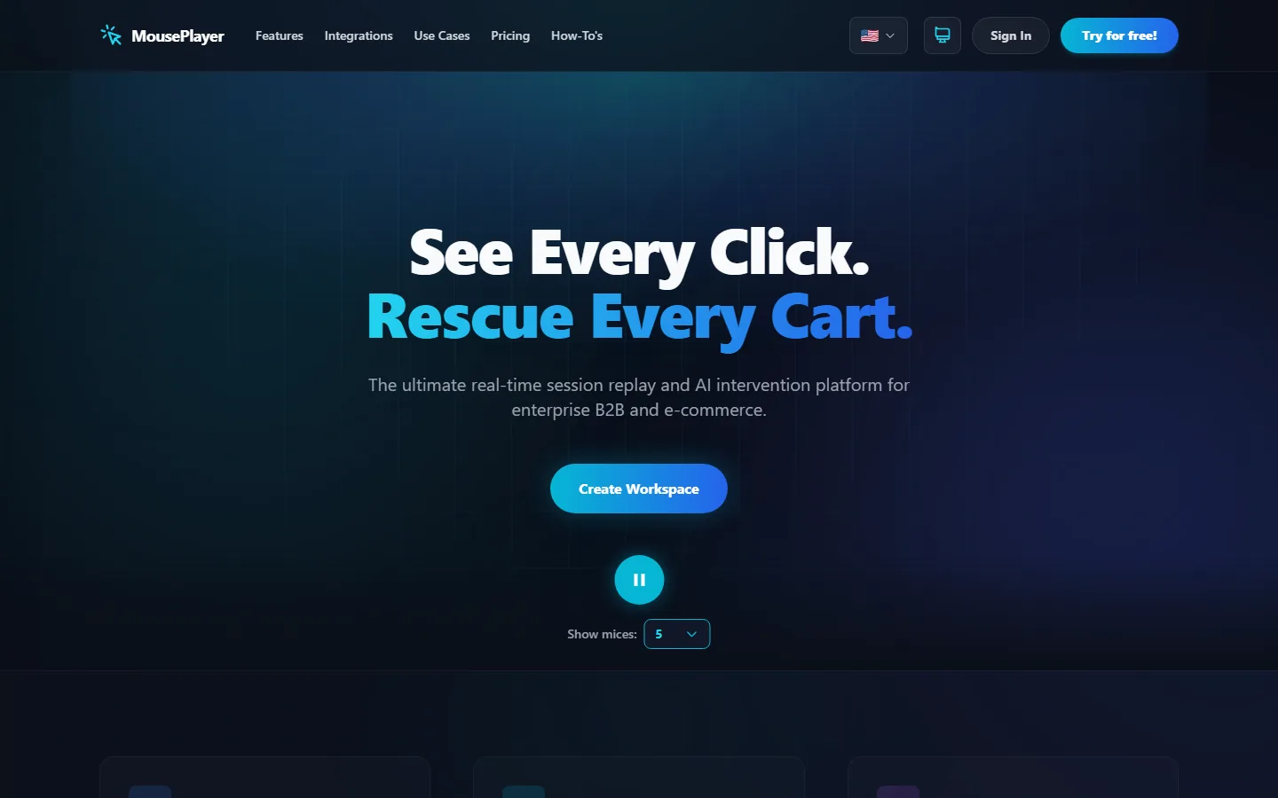 MousePlayer-Startseite im Dark Mode mit der Überschrift „See Every Click, Rescue Every Cart“, einem Button „Create Workspace“ und einem Regler, der festlegt, wie viele Live-Cursor durch den Hero-Bereich laufen