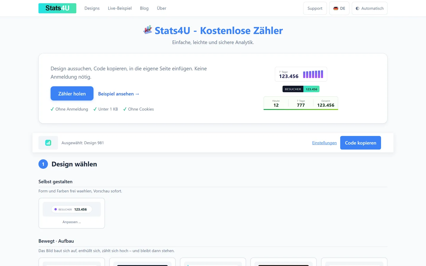 Stats4U start page in light mode showing the counter picker with example counters and the design gallery below