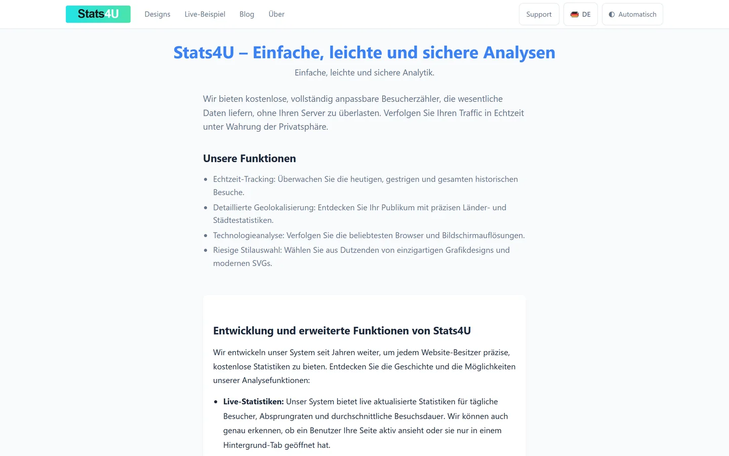 Stats4U about page listing the analytics features: real-time tracking, geolocation, technology analysis and design selection